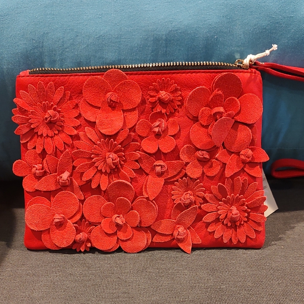 Real Suede Red Zip Purse With Flowers